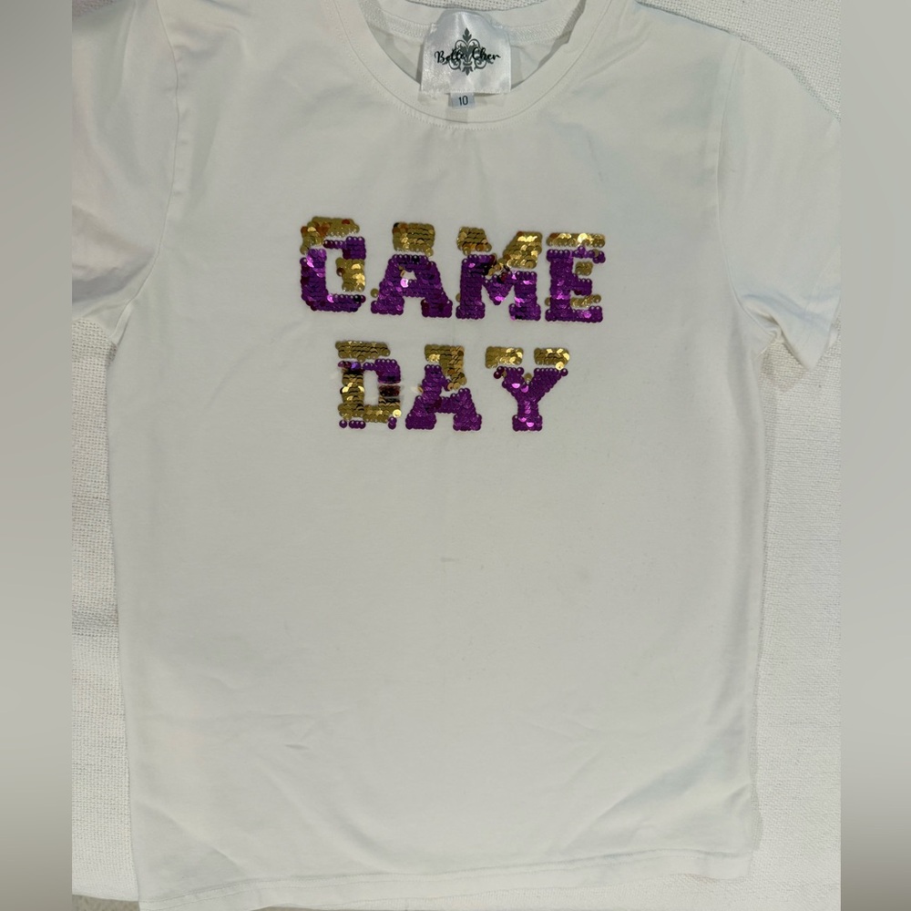 White T-Shirt with Sequin 'Game Day' Design